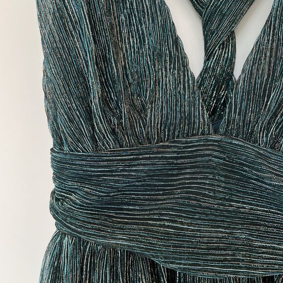 NWT LULUS Size L Ailey Teal & Gold Pleated Low Cut Mini Cocktail Dress - Picture 6 of 14